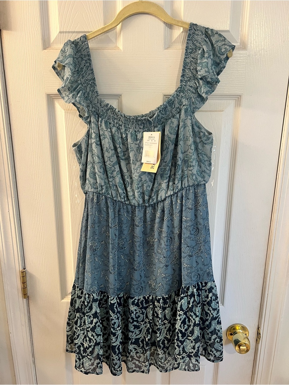 Rewind Blue Paisley Midi Dress with Ruffle Shoulders